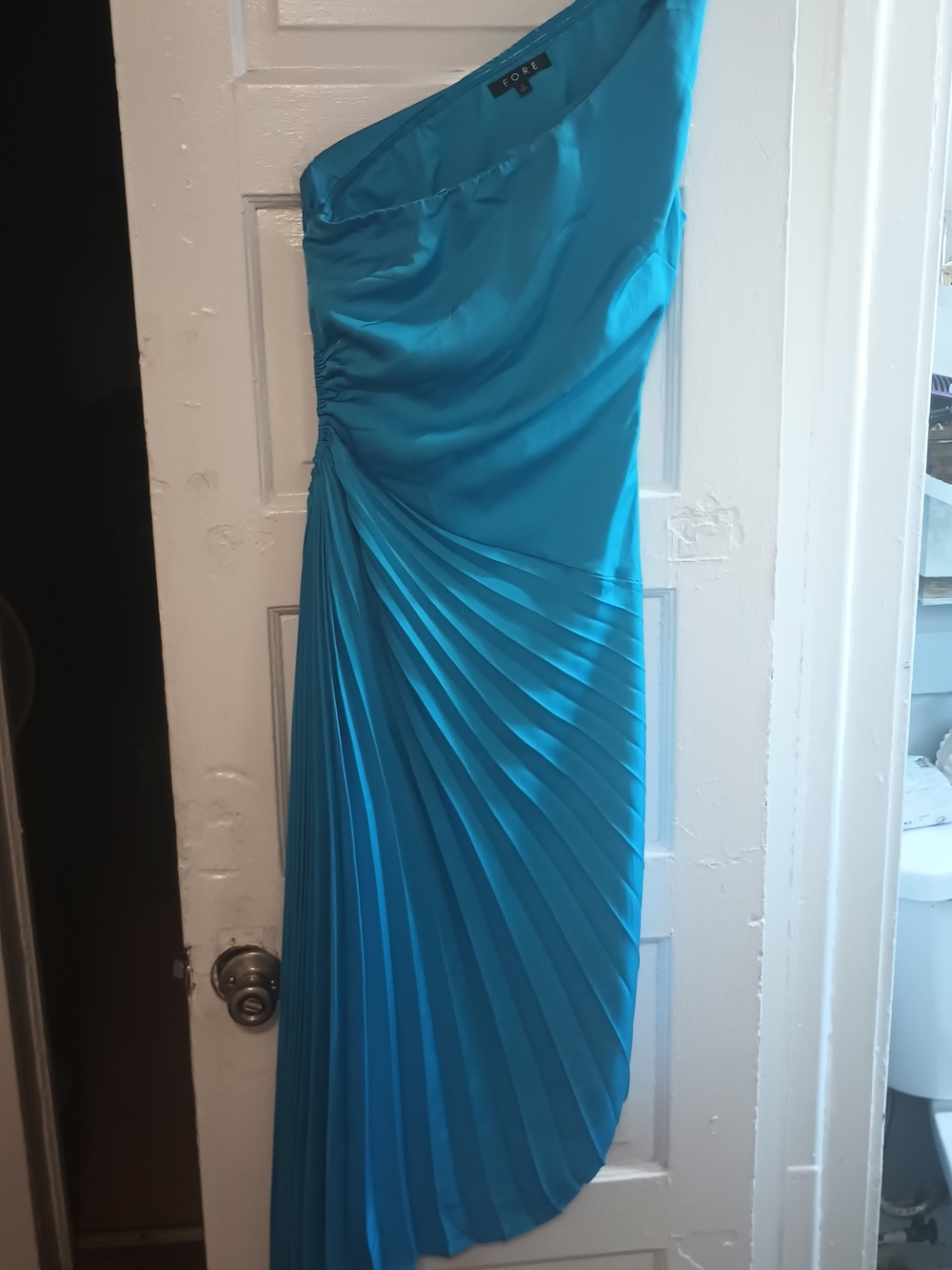 FORE Collection Turquoise Satin One-Shoulder Pleated Asymmetrical MAXI Dress...